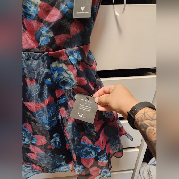 NWT Gorgeous Ideas Navy Blue Floral Organza Skater Mini Dress Size L - Picture 4 of 4